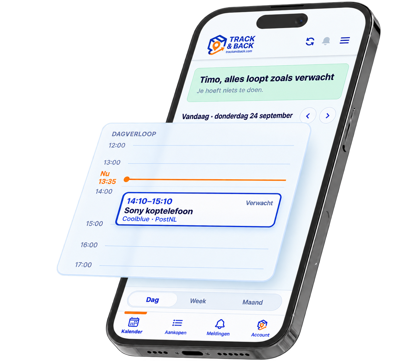 De Track & Back-app toont één verwacht bezorgmoment in een uitgelicht dagverloop